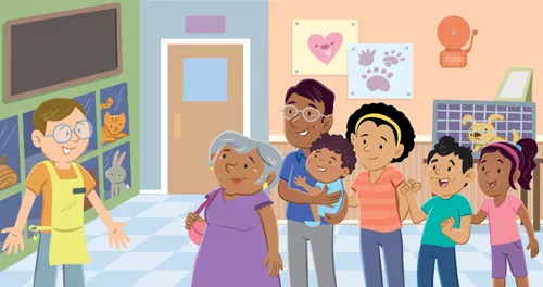 Margo and Paolo’s family at an animal shelter with a worker