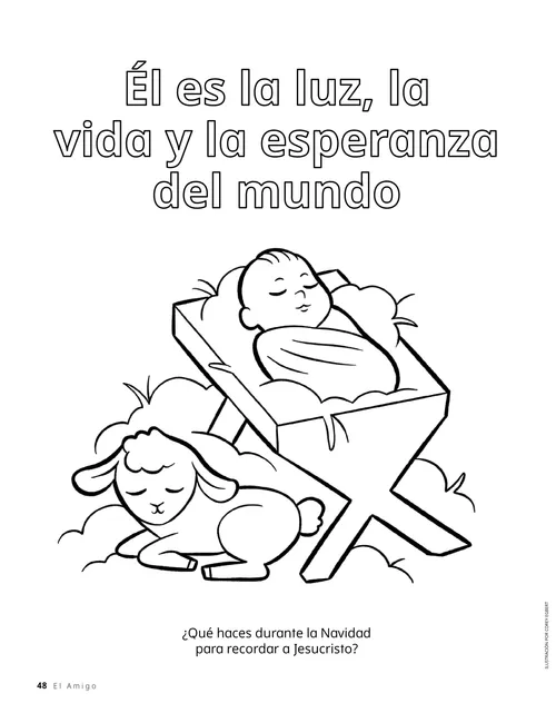 Página para colorear en PDF del niño Jesús en un pesebre con un cordero acostado cerca