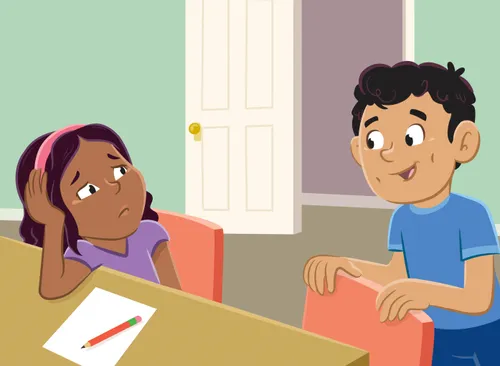 Paolo stands at the desk and smiles encouragingly at Margo