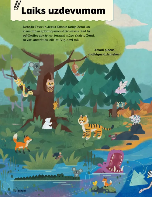 PDF lapa, kurā redzama dabas aina ar daudziem dzīvniekiem