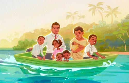 Family in a small wooden boat going down a river