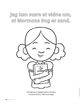 Farvelægningsside med en pige, der krammer Mormons Bog