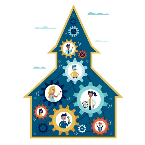 church with gears inside and people in the gears