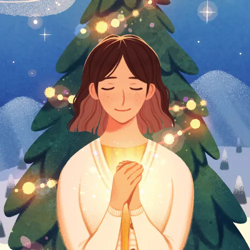 illustration of a woman feeling peace in front of a Christmas tree