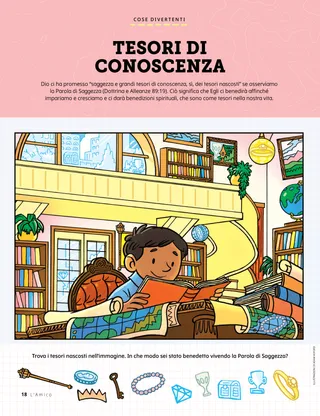 PDF della pagina di un’attività di ricerca degli oggetti con un bambino che legge un libro in una biblioteca