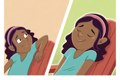 Margo thinking and then leaning back peacefully with her eyes closed