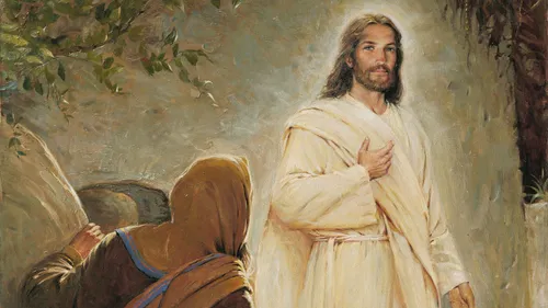 무덤 밖에 서 계시는 부활하신 구주를 바라보는 여성