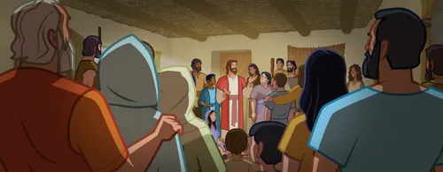 Jesus teaching in a house full of people.