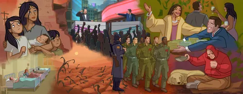 A combined image showing marching soldiers, people in need, and famine.