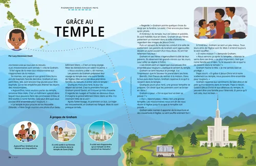 Illustrations d’une carte du Vanuatu, d’un garçon souriant, du même garçon avec sa famille et d’un bus se rendant à un temple