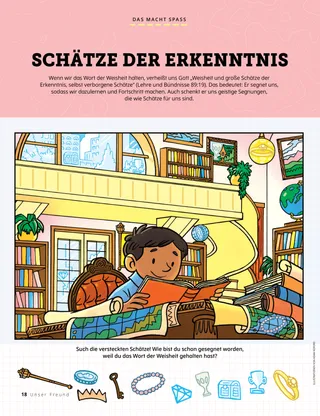 Suchbild (PDF) mit einem Jungen, der in einer Bibliothek ein Buch liest