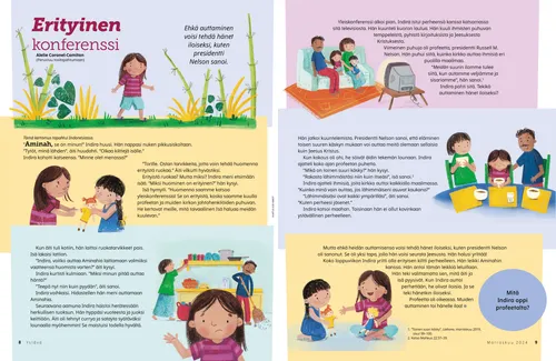 PDF-sivu, jossa tyttö ja hänen perheensä katsomassa yleiskonferenssia ja viettämässä aikaa yhdessä