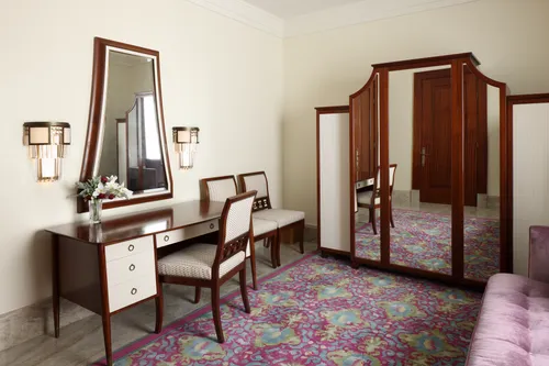 Interior image of the Abidjan Ivory Coast Temple featuring the Bride's Room. Image features a vanity and mirrors inside the room.