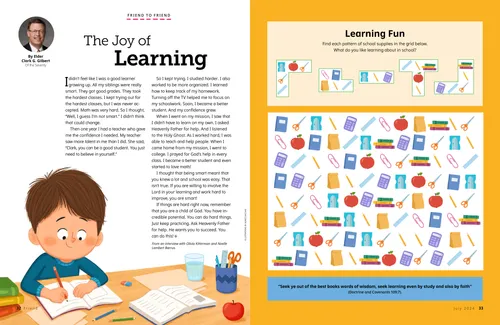 An illustration of a boy sitting at a desk with school supplies on it and writing in a notebook, plus a puzzle activity