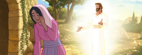 Jesus asks Mary why she is weeping.