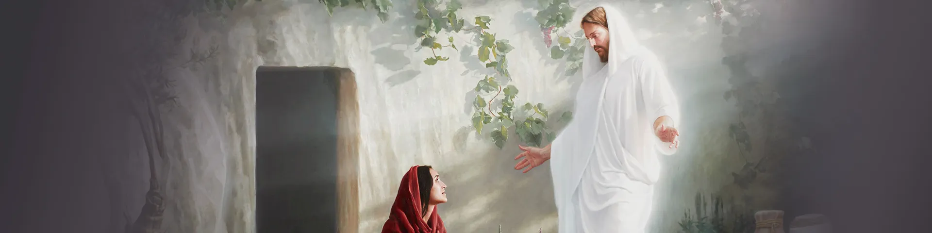 The resurrected Christ is depicted appearing to Mary Magdalene outside the entrance to the empty tomb.