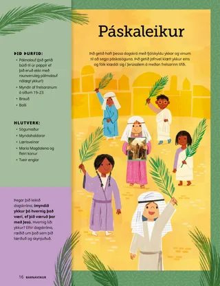 PDF-síða með myndskreytingu af börnum klæddum biblíuklæðum og haldandi á pálmalaufum