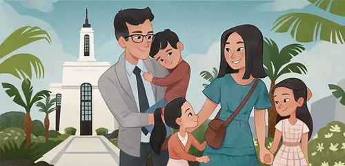 Illustration of a family with young children in front of the temple