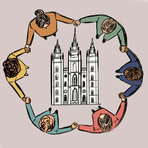 people holding hands around temple