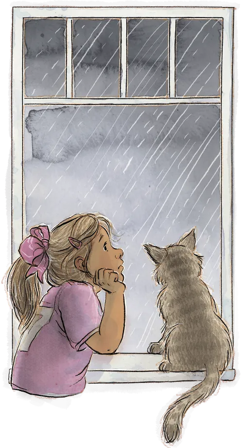 Girl looking out the window at gray clouds and rain