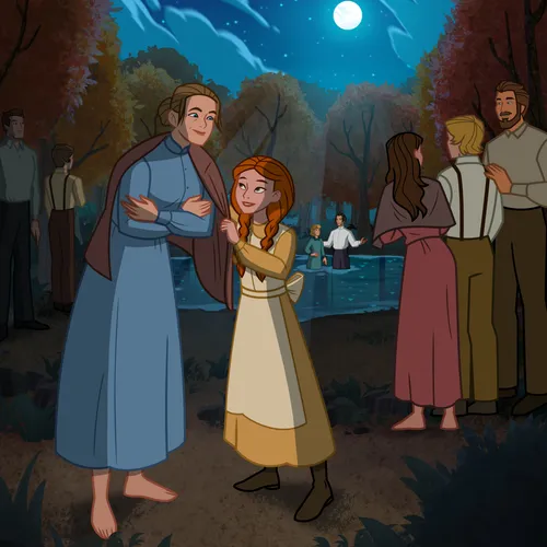 Охин эмэгтэйд алчуур нөмрүүлж, тэдний ард гол дотор өөр хүн баптисм хүртэж байгаа нь