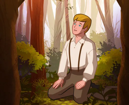 Joseph Smith kneeling and looking up