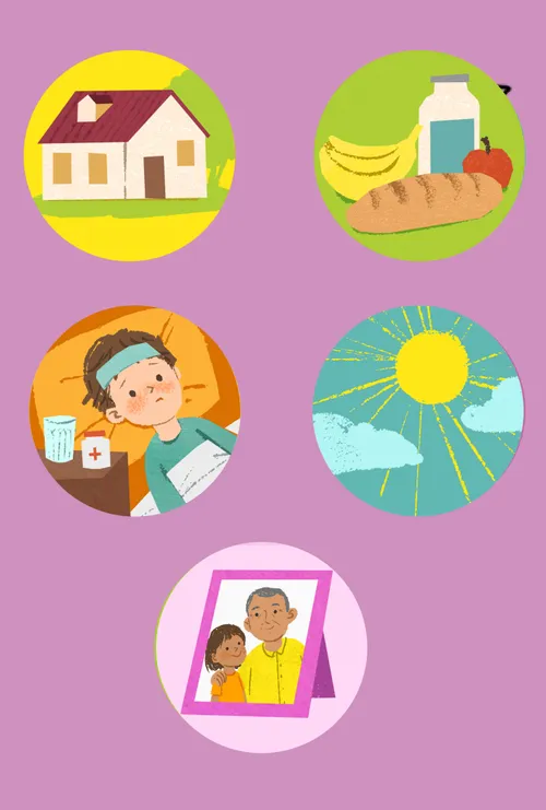 Images of a house, food, a sick child, the sun, a family picture