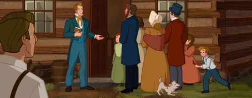 Joseph Smith welcoming people to the Whitmer home for the first meeting of the Church.