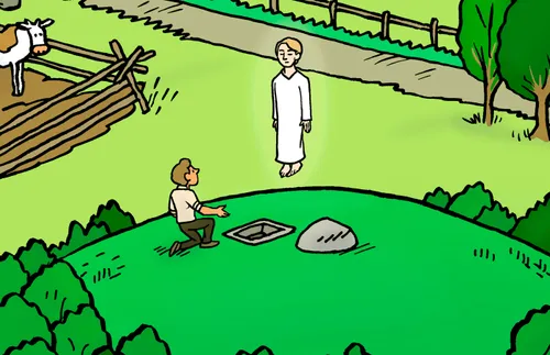 Illustration of the angel Moroni appearing to Joseph Smith on the Hill Cumorah