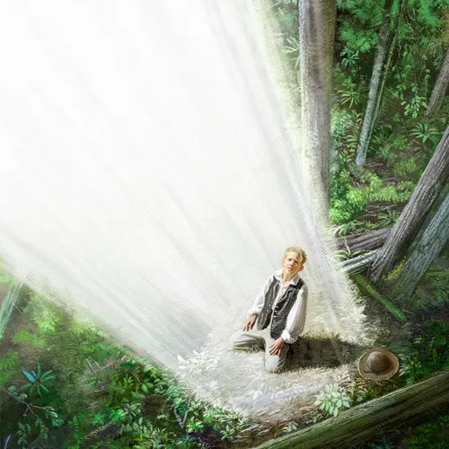 Joseph Smith looking up into pillar of light