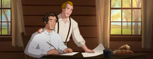 Joseph sharing a revelation with Oliver Cowdery.