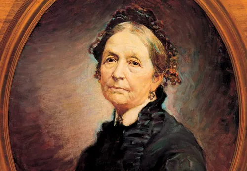 Head and shoulders portrait of Eliza R. Snow wearing a black dress and hat.