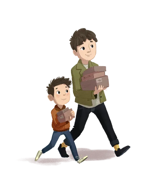 boy and his dad carrying boxes