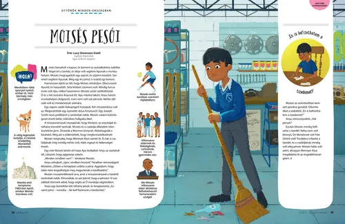 PDF-oldal illusztrációkkal, amelyeken egy fiú felsöpri egy üzlet padlóját, illetve kitölt egy tizedszelvényt