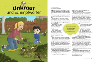 mom and boy weeding together