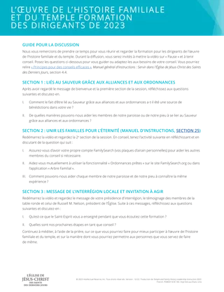 Guide de discussion de la formation des dirigeants à l’œuvre de l’histoire familiale et du temple,<nb/>2023