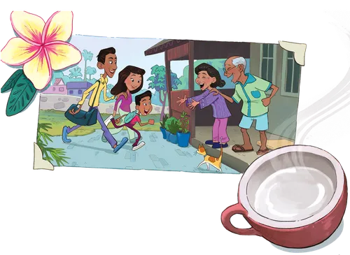 Boy and parents greeting grandparents