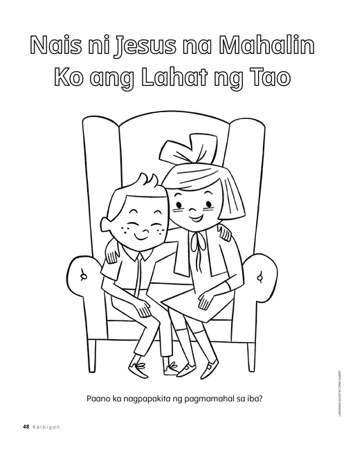 Coloring page PDF ng isang batang babae at isang batang lalaki na nakaupo sa isang malaking silya at magkaakbay