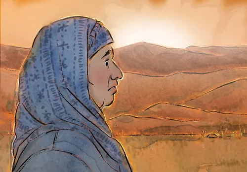 older woman in blue scarf, looking sad