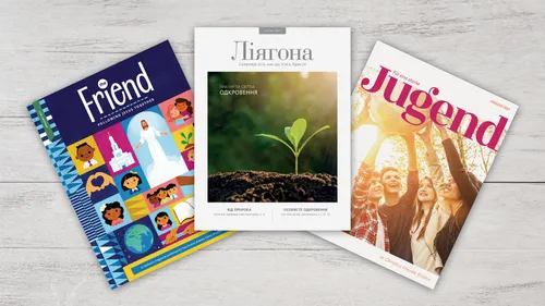photograph of the covers of the Liahona, For the Strength of Youth, and Friend magazines