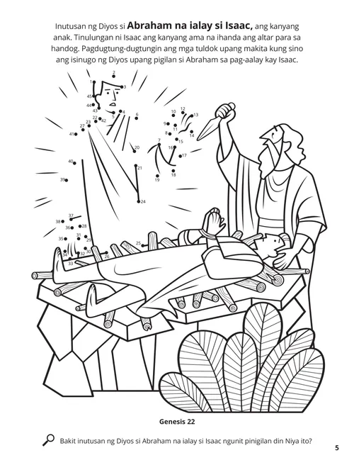 PDF ng pahinang kukulayan tungkol kay Abraham na handang isakripisyo si Isaac at isang aktibidad na dot-to-dot