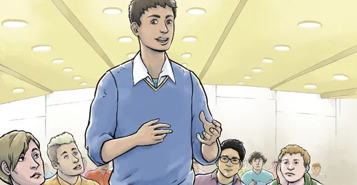 young man standing in crowd