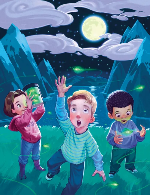 An illustration of two boys and a girl standing outside at night catching fireflies, with one boy reaching up and the girl holding a jar of fireflies.