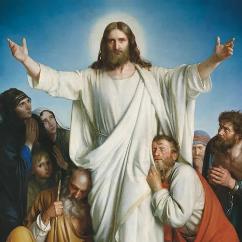 Jesus Christ with open arms is surrounded by disciples inviting all to come unto Him