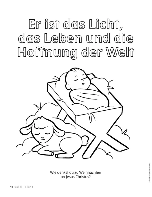 PDF zum Ausmalen: Das Jesuskind in der Krippe, daneben liegt ein Lamm