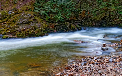 Water flowing down a mountain surrounded by trees and rocks.