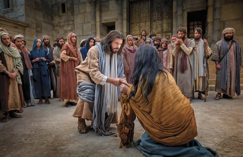 Christ kneeling in front of the woman taken in adultery