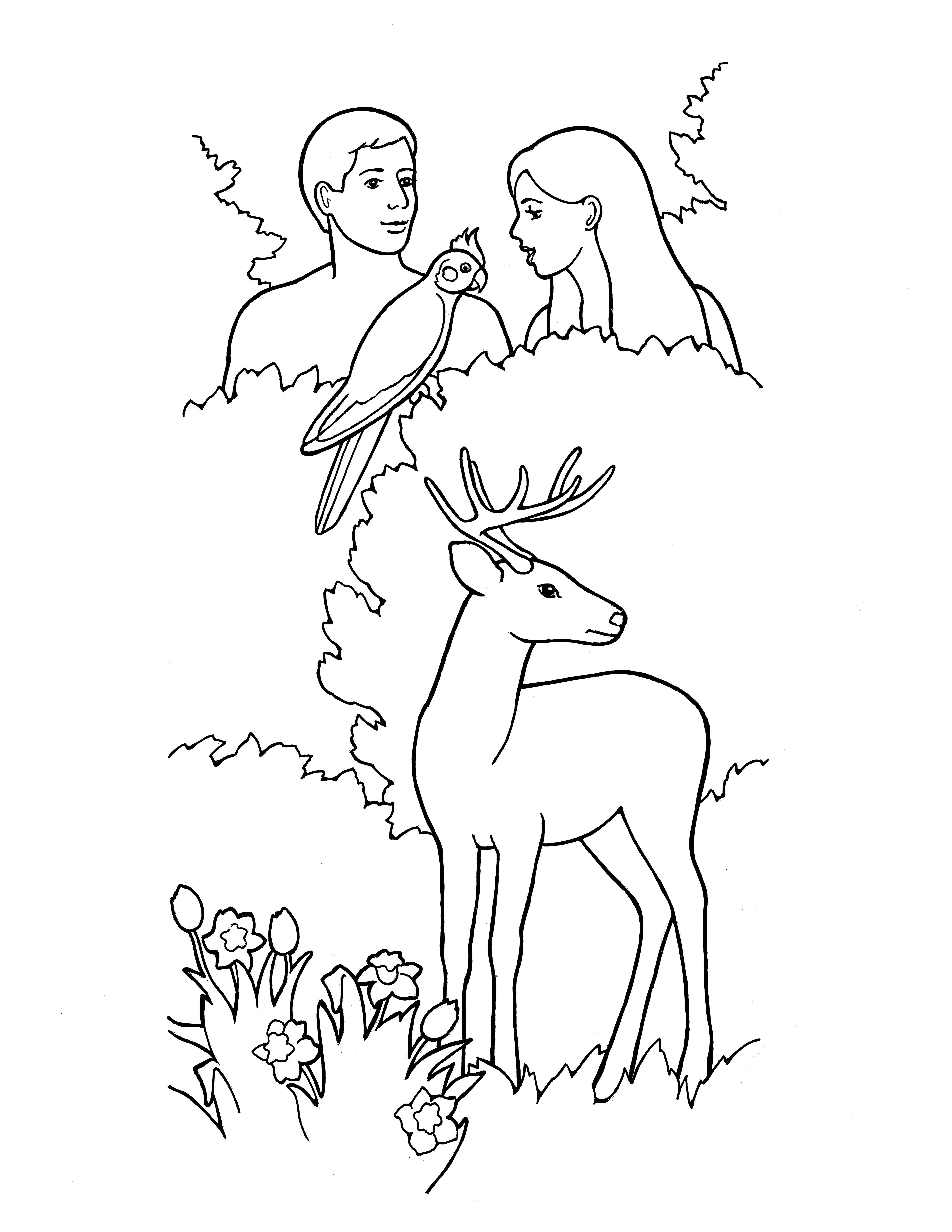 An illustration of Adam & Eve in the Garden of Eden from Nursery Manual, Behold Your Little Ones (2008), page 99.