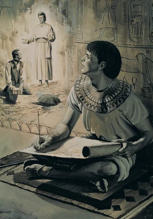 Joseph of Egypt having a vision of Joseph Smith receiving the gold plates from the angel Moroni