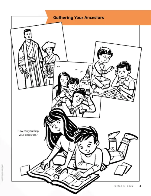Coloring page of a girl and boy looking at a photo album, with images of their ancestors